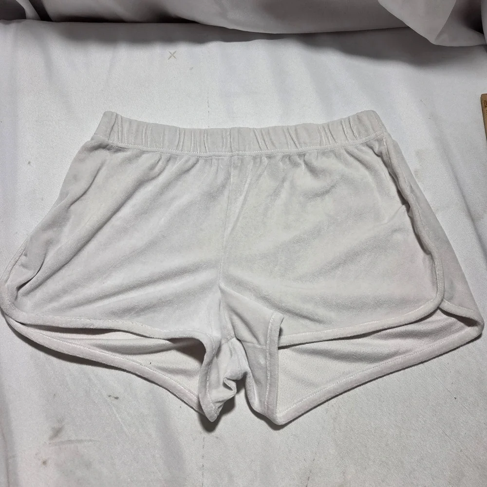 Juicy Couture Velour Sleep Shorts White Bedazzled Y2K Rhinestone Logo Womens L